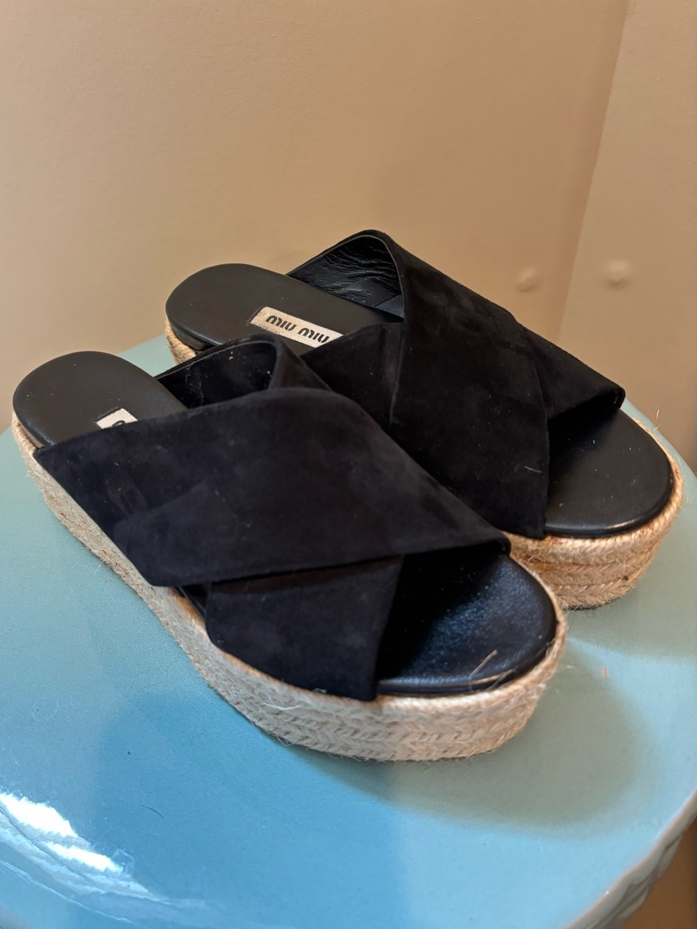 Miu Miu Black Suede Crisscross Espadrille Platform Slides